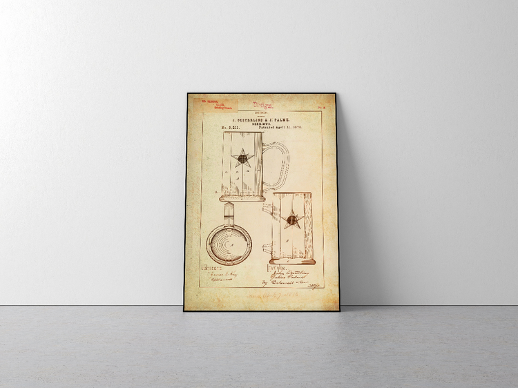 Beer Mug/Drinking Vessel Patent Poster Wall Decor (1876 by J. Oesterling & J. Palme)