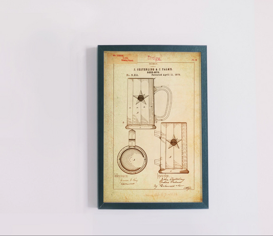 Beer Mug/Drinking Vessel Patent Poster Wall Decor (1876 by J. Oesterling & J. Palme)