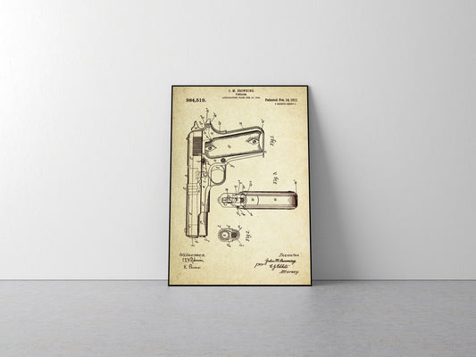 Gun (Firearm) Patent Poster Wall Decor (1911 by J.M. Browning)
