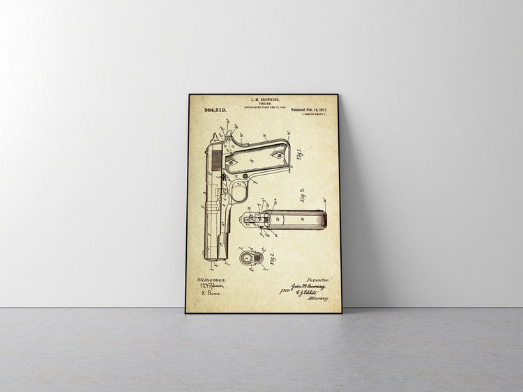 Gun (Firearm) Patent Poster Wall Decor (1911 by J.M. Browning)