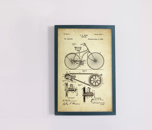 Bicycle Original Patent Poster (1890. Charles. D Rice) Engineer Art