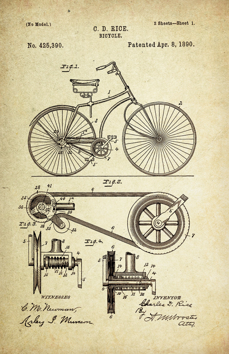 Bicycle Original Patent Poster (1890. Charles. D Rice) Engineer Art