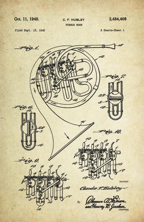 French Horn Patent Poster (1945, C.F. Hubley)