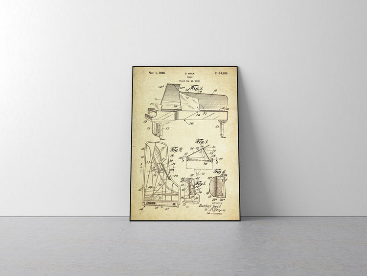 Piano Patent Poster Wall Decor (1938 by D. Beck)