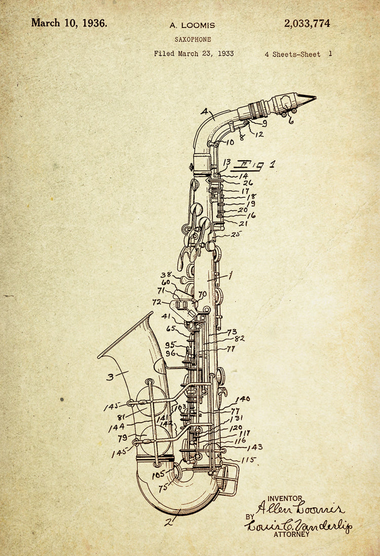 Saxophone Patent Poster Wall Decor (1933 by A. Loomis)