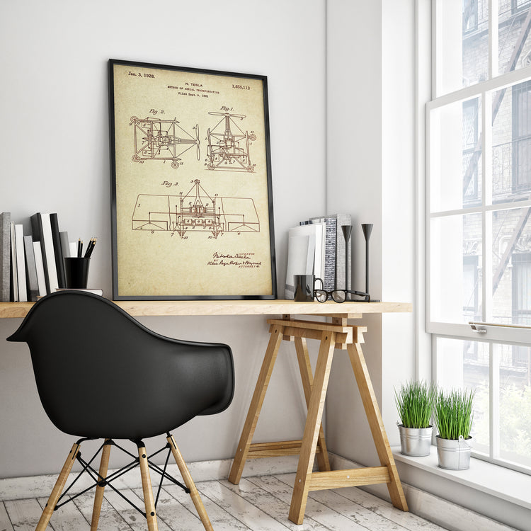 Method of Aerial Transportation Patent Poster Wall Decor (1921 by Nikola Tesla)