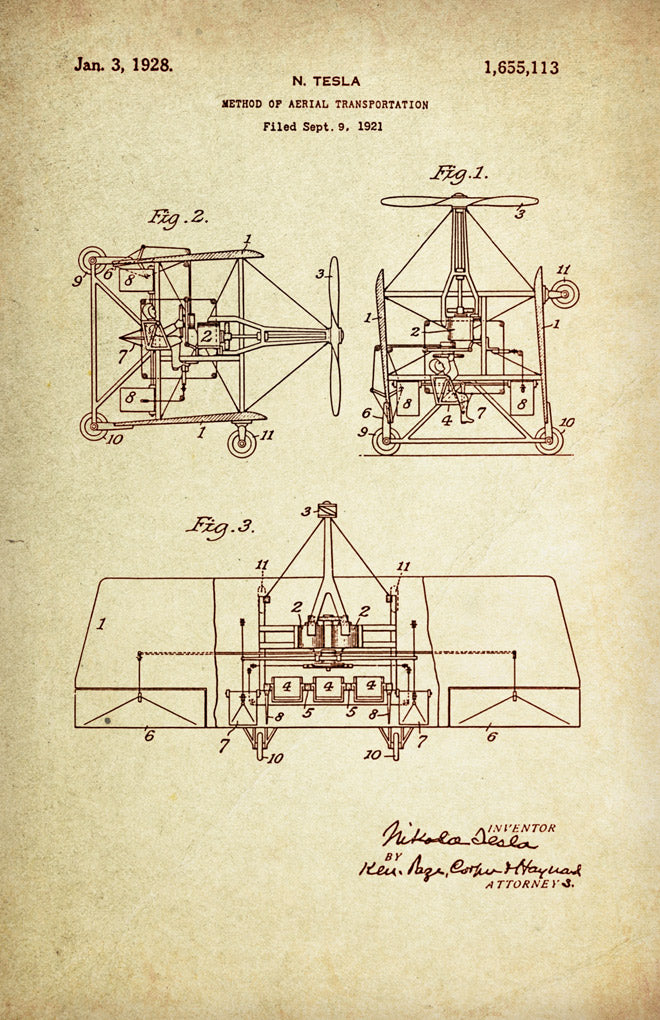 Method of Aerial Transportation Patent Poster Wall Decor (1921 by Nikola Tesla)