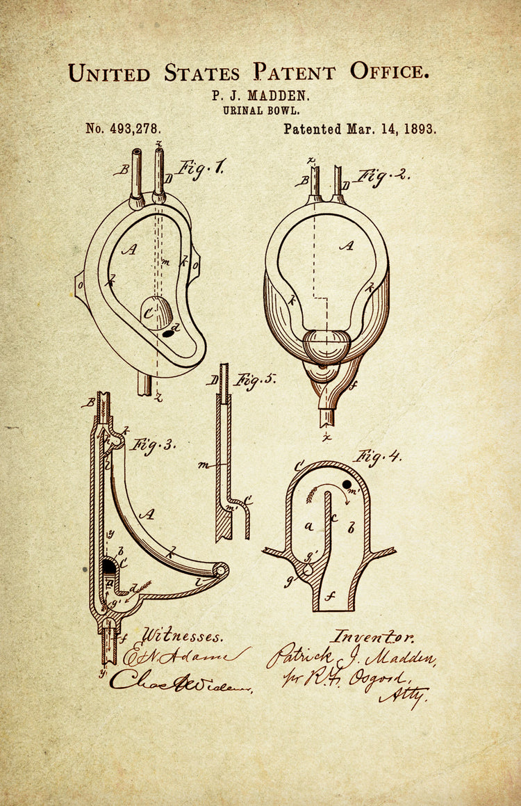 Urinal Bowl Patent Poster Wall Decor (1893 by P.J. Madden)