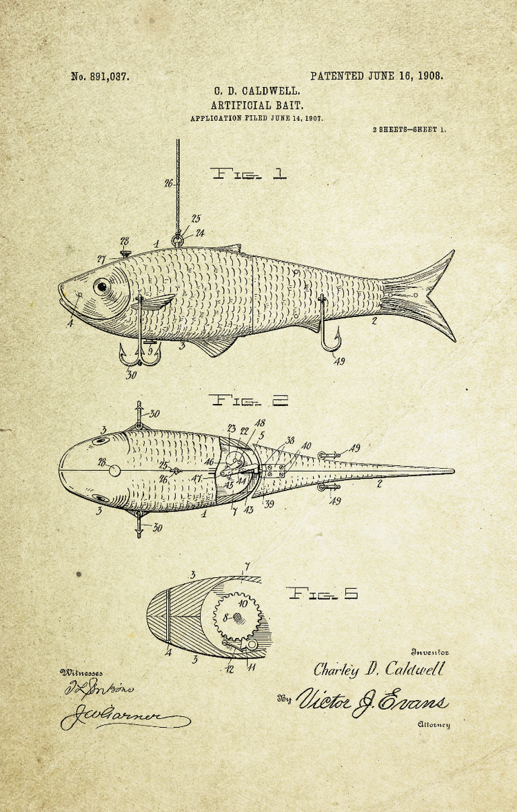 Artificial Bait Patent Poster (1908, C.D. Caldwell)