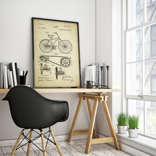 Bicycle Original Patent Poster (1890. Charles. D Rice) Engineer Art