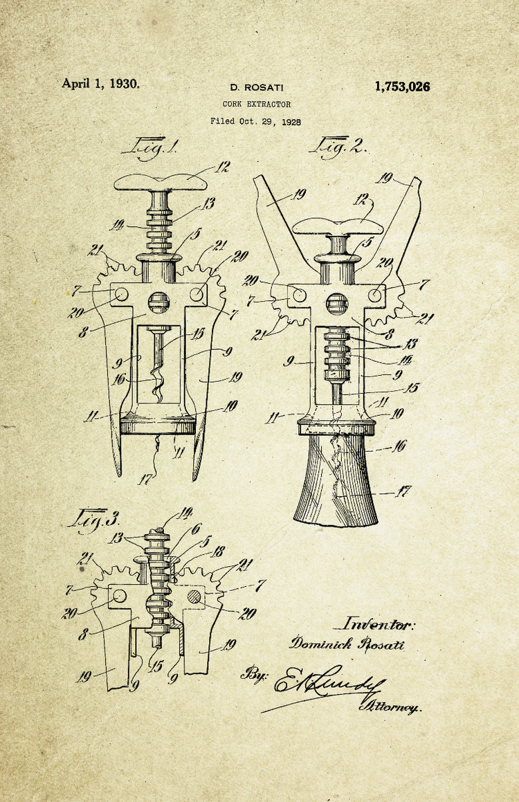 Cork Extractor Patent Poster (1930, D. Rosati)