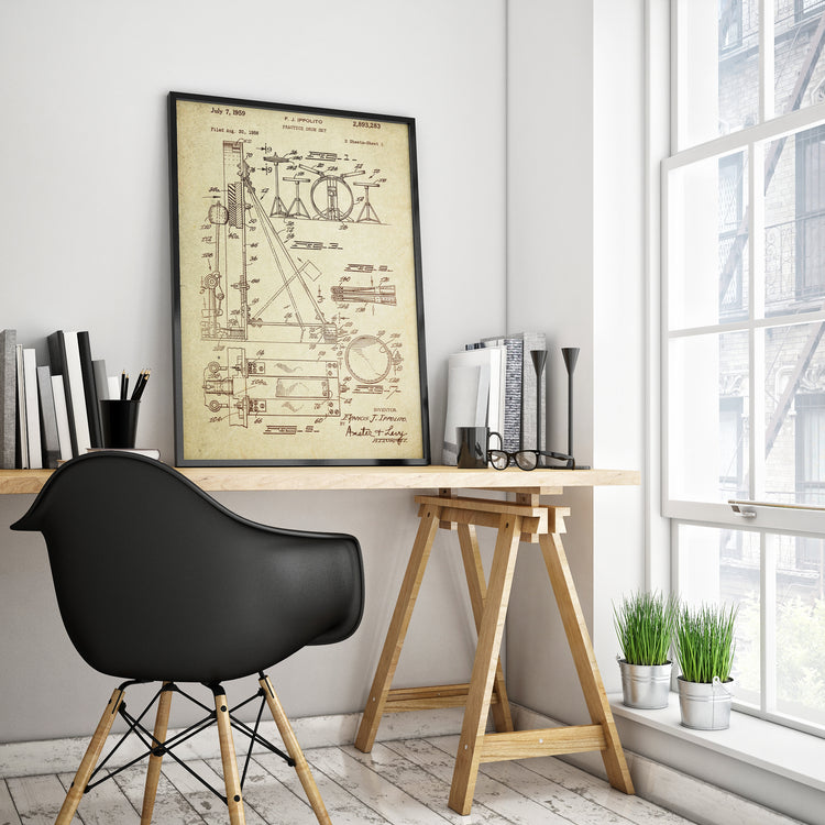 Drum Set Patent Poster Wall Decor (1959 by F.J. Ippolito)