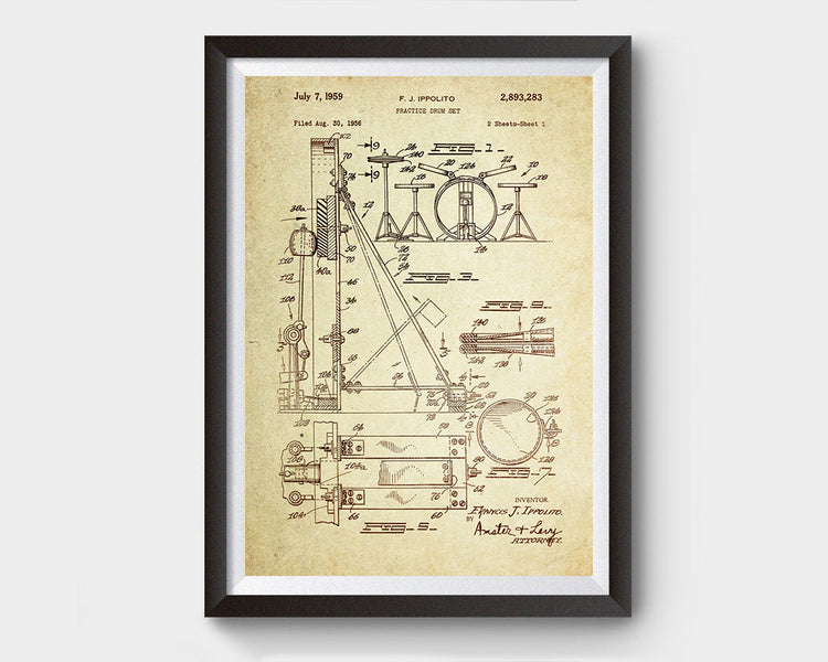 Drum Set Patent Poster Wall Decor (1959 by F.J. Ippolito)