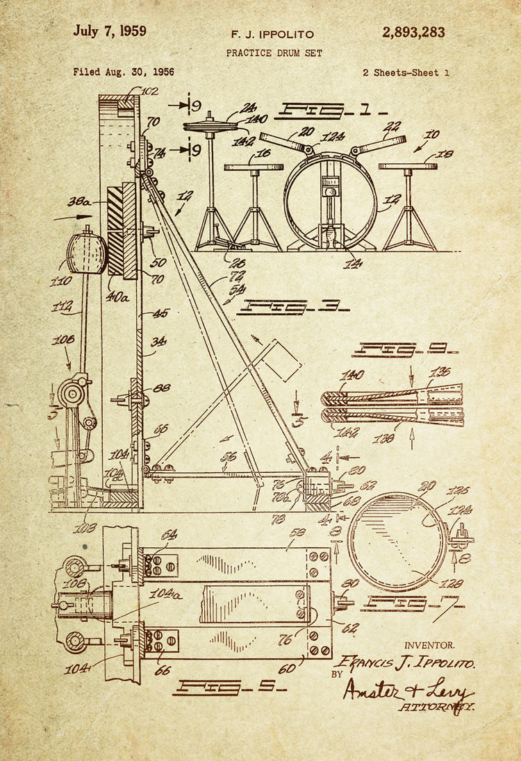 Drum Set Patent Poster Wall Decor (1959 by F.J. Ippolito)
