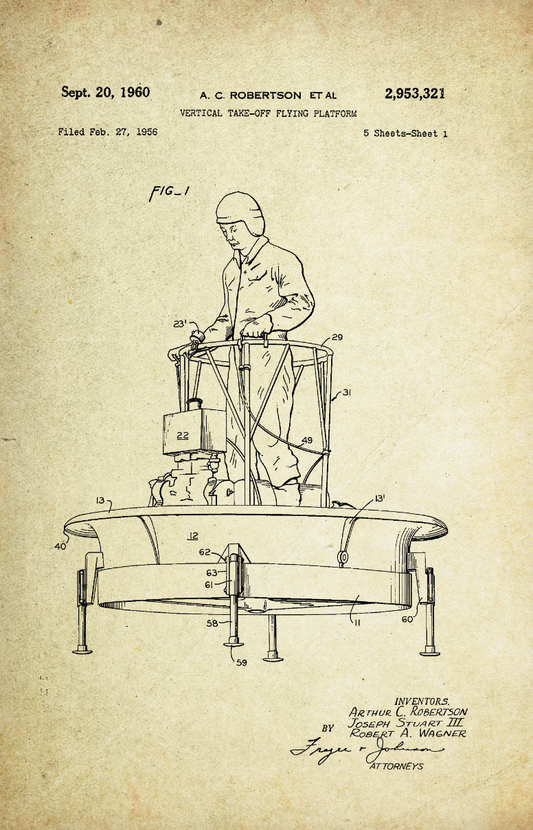 Vertical Take-Off Flying Platform Patent Poster (1960, A.C. Robertson)