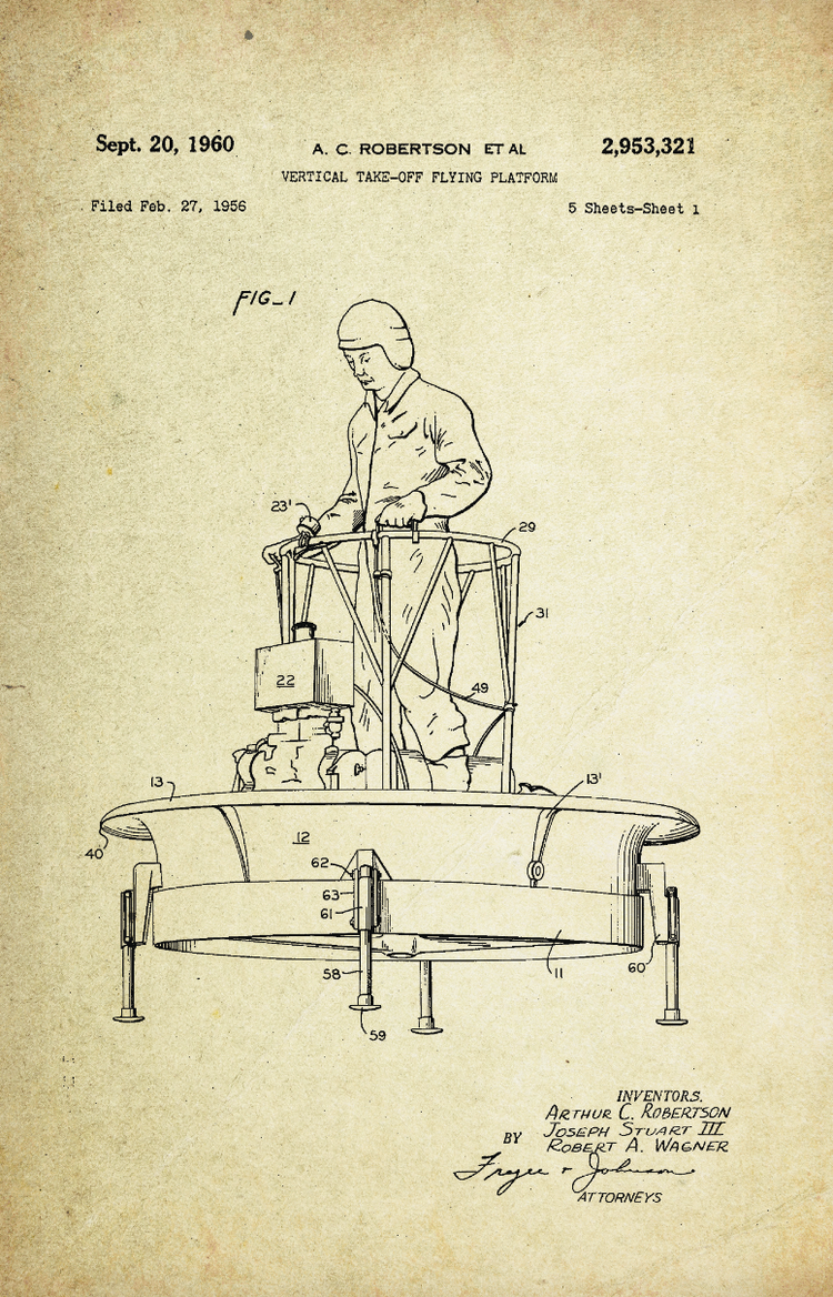 Vertical Take-Off Flying Platform Patent Poster (1960, A.C. Robertson)