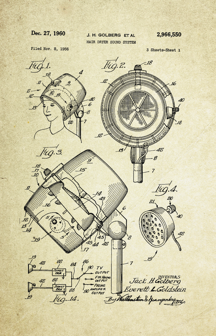 Hair Dryer Patent Poster (1960, J.H. Golberg)