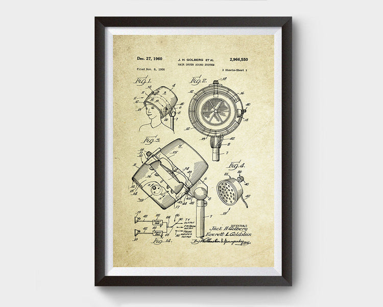 Hair Dryer Patent Poster (1960, J.H. Golberg)