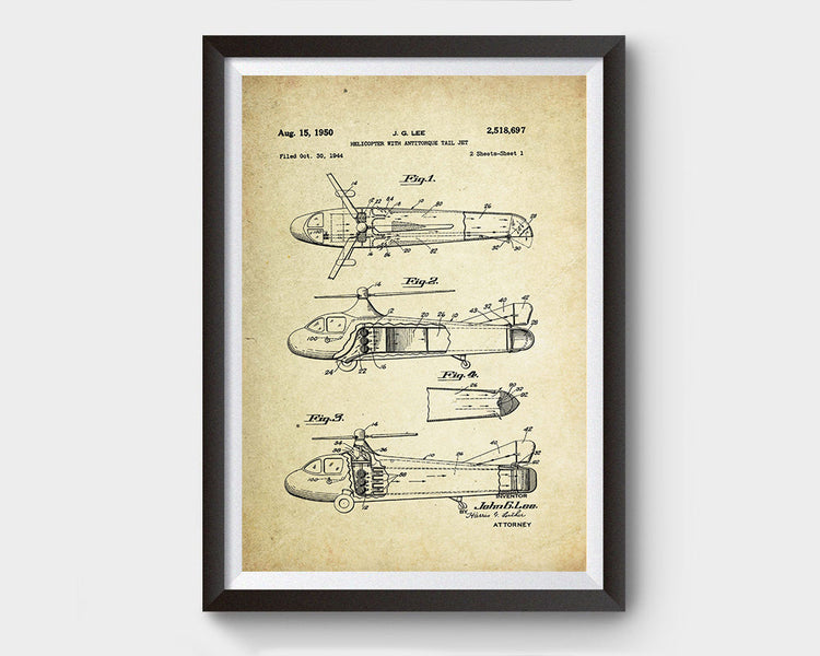 Helicopter with Anti-torque Tail Jet Patent Poster (1950, J.G. Lee)