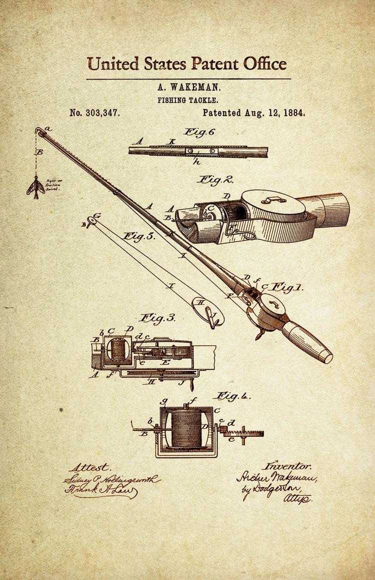 Fishing Tackle Patent Poster Wall Decor (Registered in 1884 by A Wakeman)