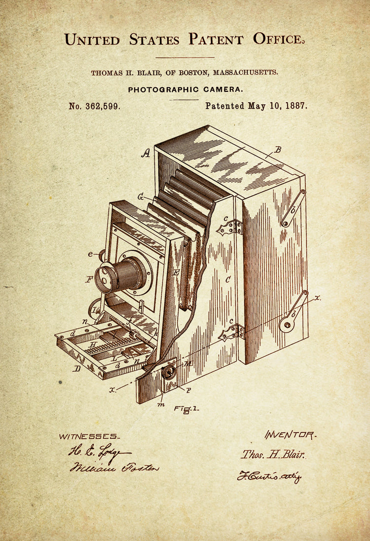Bellows/Accordion Folding Camera Patent Poster Wall Decor (1887 by Thomas Blair)