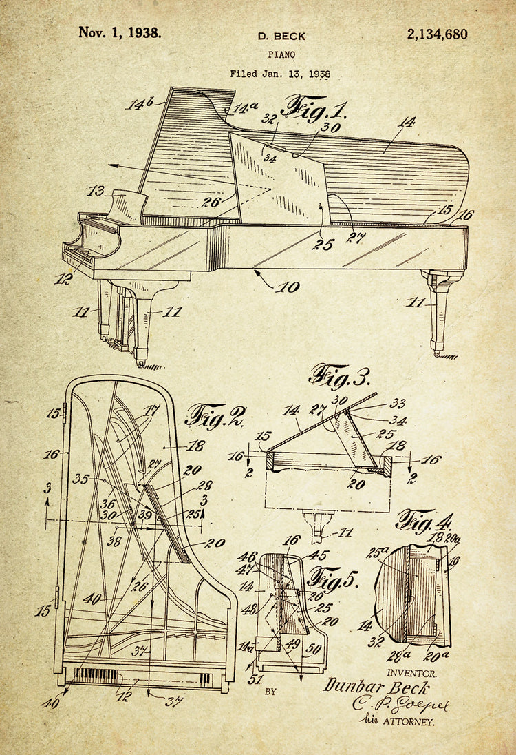 Piano Patent Poster Wall Decor (1938 by D. Beck)
