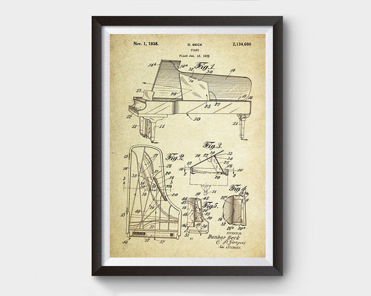 Piano Patent Poster Wall Decor (1938 by D. Beck)