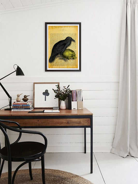 Gothic Raven with Skull, Edgar Allan Poe Inspired Art Poster