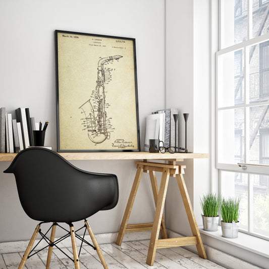 Saxophone Patent Poster Wall Decor (1933 by A. Loomis)