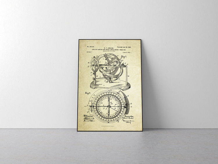 Stellar Compass & Great Circle Course Projector Patent Poster (1902, R.T. Lawless)