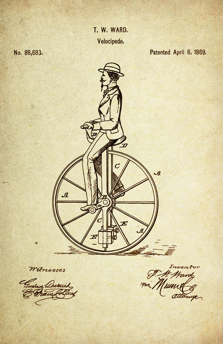 Unicycle/Velocipede Patent Poster Wall Decor (1869 by T. W. Ward)