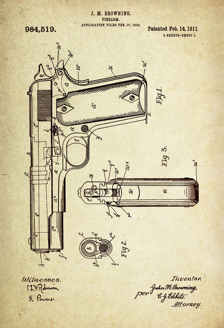 Gun (Firearm) Patent Poster Wall Decor (1911 by J.M. Browning)