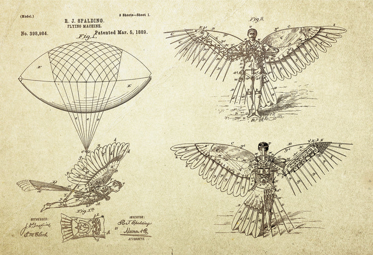 Flying Machine Patent Poster Wall Decor (1889 by R.J. Spalding)