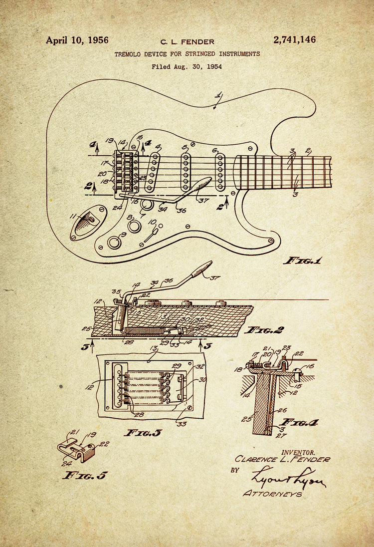 Electric Guitar/Tremolo Device for Stringed instruments  Patent Poster Wall Decor (1956 by C.L Fender)