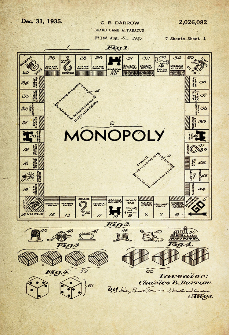 Monopoly Game Board Patent Poster Wall Decor (1935 by C.B. Brown)