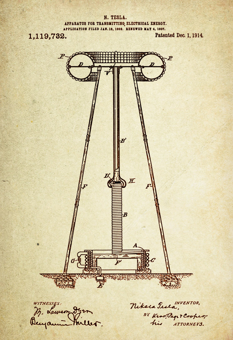 Apparatus For Transmitting Electrical Energy Patent Poster Wall Decor (1914 by Nikola Tesla)