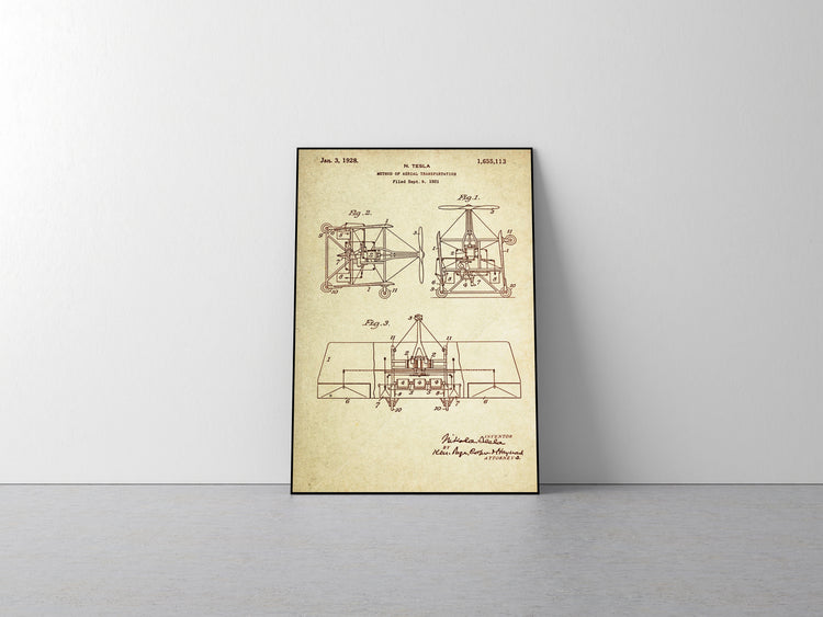 Method of Aerial Transportation Patent Poster Wall Decor (1921 by Nikola Tesla)