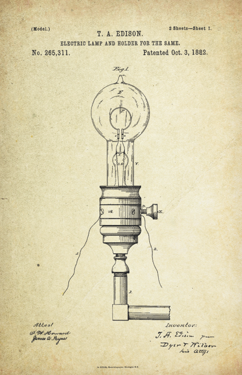 Electric Lamp Patent Poster (1882, Thomas Edison)