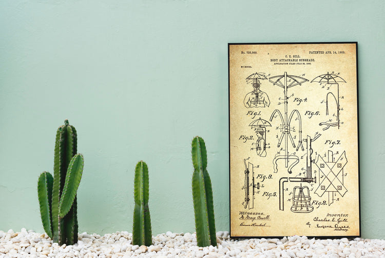 Body Attachable Sunshade (Failed Umbrella Patent), April 1903 by Charles E Gill Patent poster