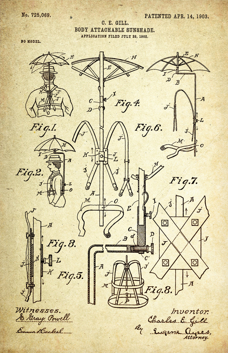 Body Attachable Sunshade (Failed Umbrella Patent), April 1903 by Charles E Gill Patent poster