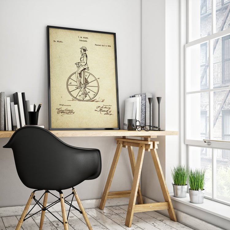 Unicycle/Velocipede Patent Poster Wall Decor (1869 by T. W. Ward)
