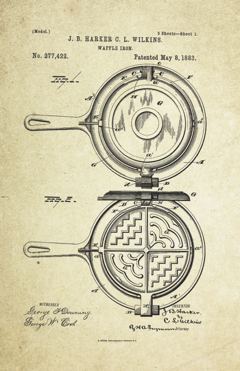 Waffle Iron Patent Poster (1883, J. B. Harker & C. L. Wilkins)