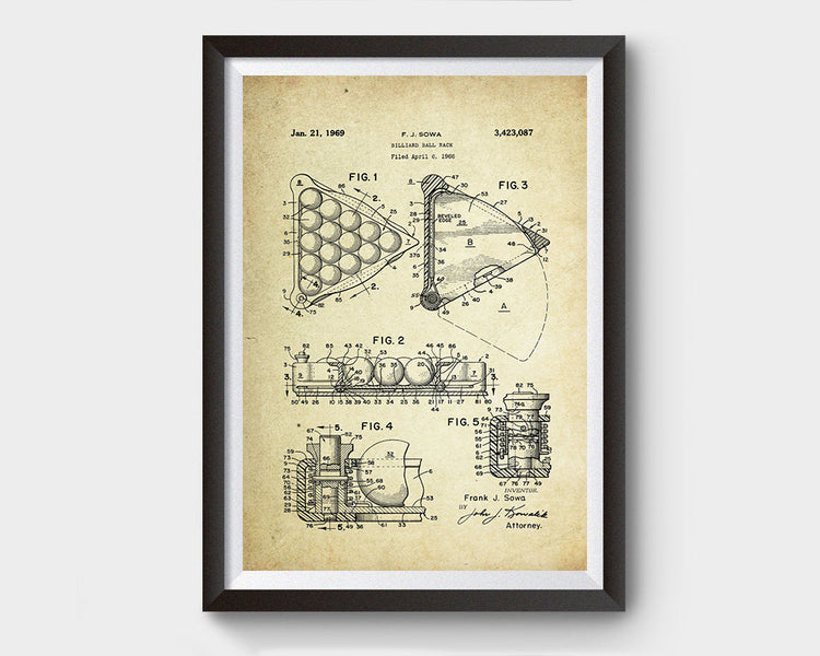 Billiard Ball Triangle Rack Patent Poster #2 (1969, F. J. Sowa)