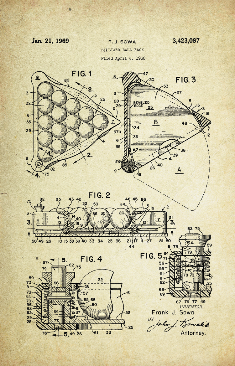 Billiard Ball Triangle Rack Patent Poster #2 (1969, F. J. Sowa)