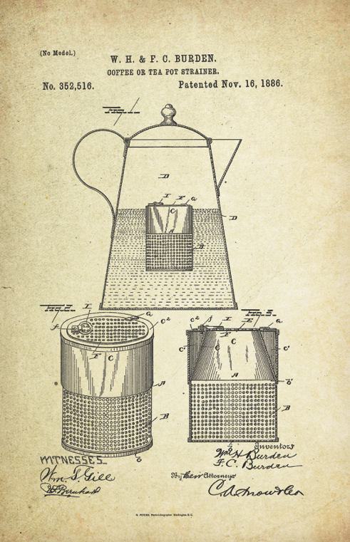 Coffee Teapot Patent Poster (1886, W.H. & F.C. Burden)