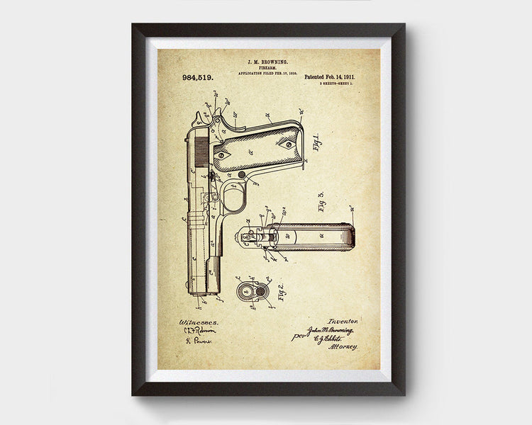 Gun (Firearm) Patent Poster Wall Decor (1911 by J.M. Browning)