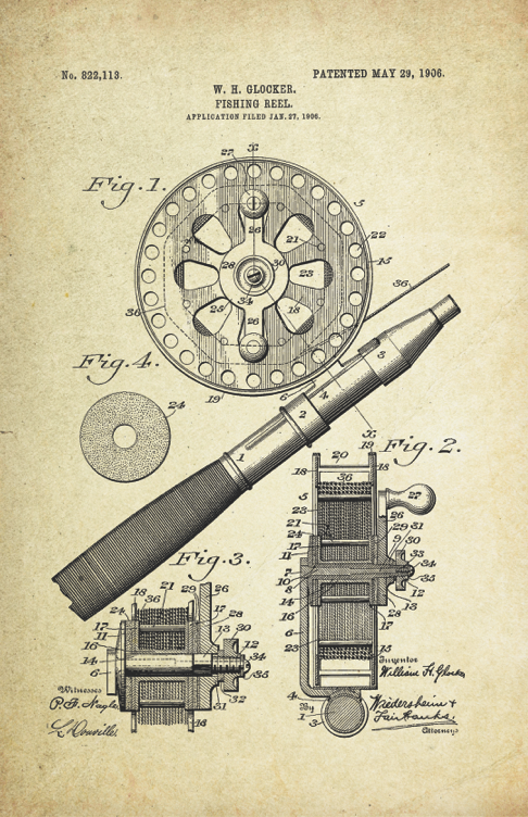 Fishing Reel Patent Poster (1906, W.H. Glocker)