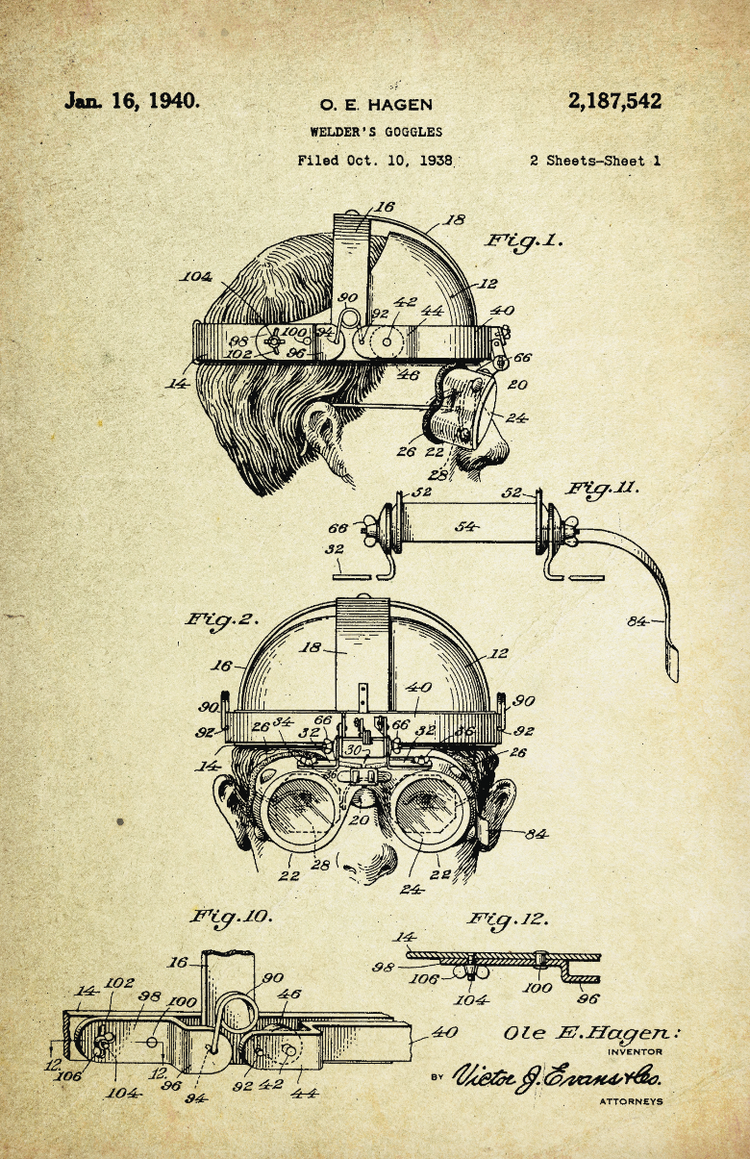 Welder's Goggles Patent Poster (1940, O.E. Hagen)