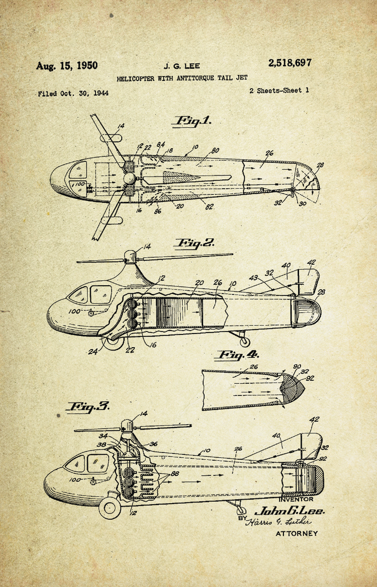 Helicopter with Anti-torque Tail Jet Patent Poster (1950, J.G. Lee)