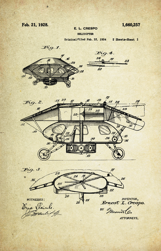 Helicopter (Old) Patent Poster (1928, E. L. Crespo)
